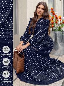 SHEIN LUNE Đầm ren cổ tròn tay loe chấm bi thanh lịch cỡ lớn dành cho nữ, phù hợp cho mùa xuân và mùa thu - Màu xanh hải quân - Xem 2