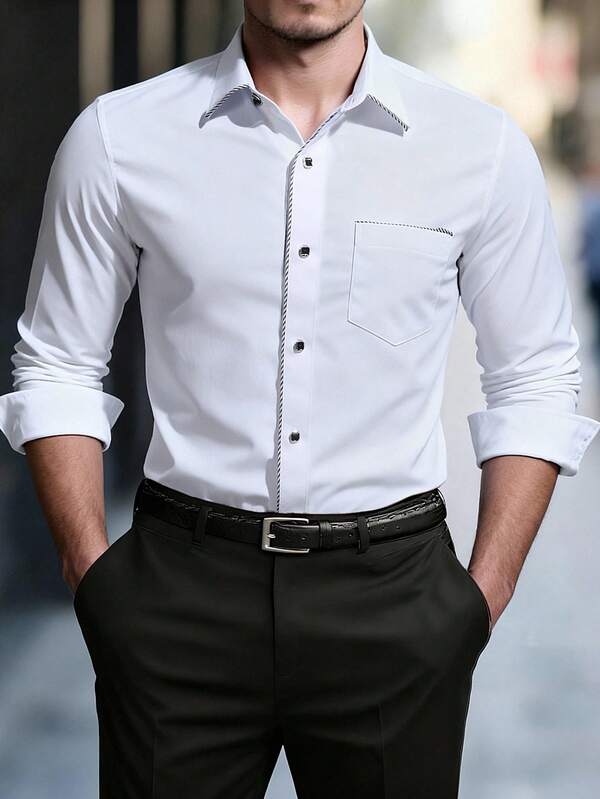 Manfinity Mode Men's Casual Commuter Contrast Trim Long Sleeve Shirt, Fall