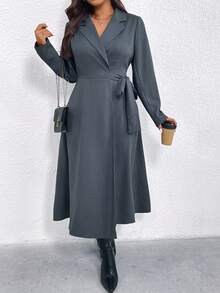 EMERY ROSE 大码女式纯色西装外套领子+束腰蝴蝶结复古优雅通勤派对日常秋冬连衣裙 - 灰色 - 查看 4