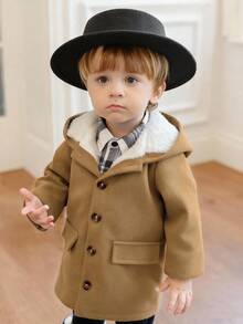 Souflis Souflis Baby Boy Minimalist Wool Blend Hooded Trench Coat With Thermal Lining, Autumn/Winter Baby Boy Coats Brown Baby Boy Outfit Coat Brown Vintage Baby Boy Clothes Baby Boy Korean Style Jackets