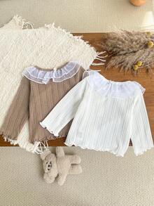 SHEIN 2 件装女婴甜美可爱时尚简约卡其色白色组合长袖圆领上衣，带领和网眼蕾丝花边，适合上学和日常穿着 - 白色 - 查看 2