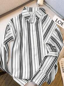 Franclia 女士休闲通勤条纹纽扣衬衫，秋季 - 黑與白 - 查看 5