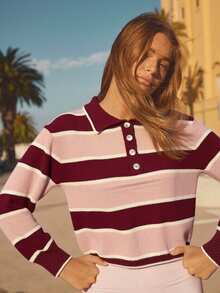 SHEIN Aralina-E 女式撞色条纹宽松落肩休闲套头毛衣 - 彩色 - 查看 4