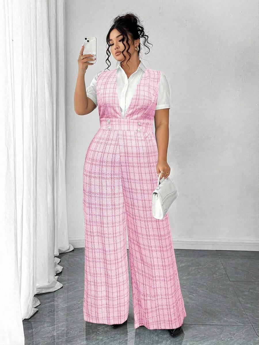 Elenzga Women's V-Neck Button Sleeveless Plaid Black Waist Jumpsuit, Business Casual, Spring/Summer