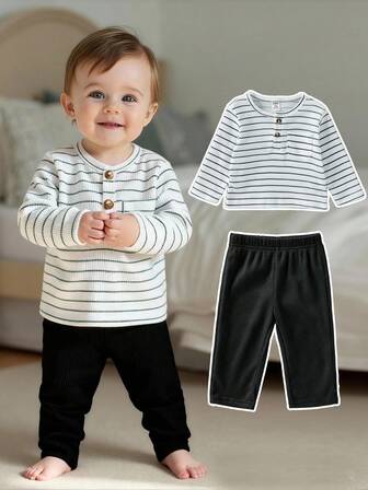 SHEIN Playful Pals Baby Boy Retro Simple Striped Long Sleeve Top T-Shirt And Contrast Color Pants Full Outfit, Suitable For Spring/Autumn, Daily Wear, Parties, Vacation, Park Black And White Baby Boy Outfit Boy Clothes Baby Boys Sets Baby Casual Sets