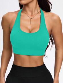 Core Rhythm 女士性感纯色露背吊带运动文胸 - 綠色 - 查看 3