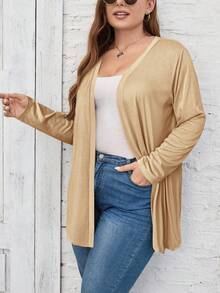 SHEIN LUNE Jaket Kasual Longgar Wanita Ukuran Besar Warna Polos Lengan Panjang Bukaan Depan/Musim Dingin - Khaki - View 3