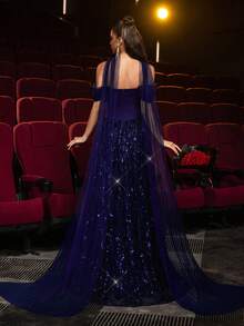 Glamrae Đầm maxi dài tay bèo nhún xếp ly màu xanh navy sang trọng, thêu hạt cườm thủ công, cổ áo bất đối xứng, tay Dolman, viền bèo nhún xếp ly, váy dạ hội trang trọng dành cho nữ - Màu xanh hải quân - Xem 3