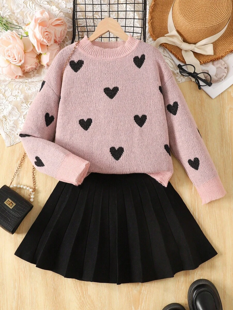 SHEIN Bộ 2 món áo len cổ tròn trễ vai họa tiết trái tim và chân váy xếp ly màu đen trơn cho bé gái tuổi mới lớn, mặc hàng ngày, trở lại trường, những dịp thường ngày, ấm áp cho mùa thu đông, mặc hàng ngày - Bụi hồng - Xem 1