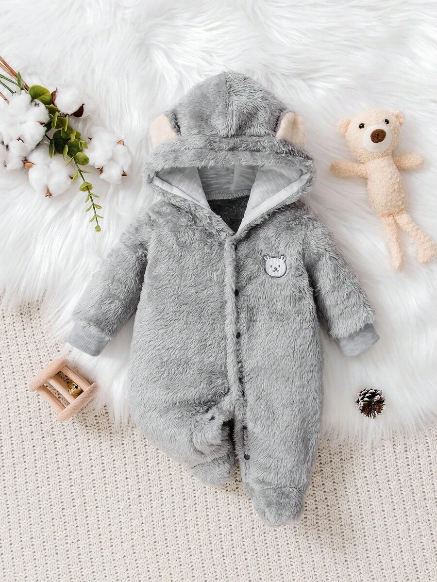 婴儿简约图案连帽可爱长袖睡衣 - 灰色 - 查看 1