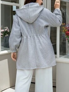 SHEIN LUNE Plus Size Solid Color Drawstring Waist Hooded Jacket, Autumn/Winter Office Outfits For Women Coat Women's Zipper Sweatshirt Jacket, Thermal Lined Warm Jacket - Grey - View 2