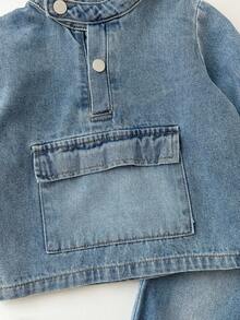 SHEIN Bubblio 2件套男童休闲立领牛仔夹克和牛仔裤套装，秋冬 - 彩色 - 查看 7