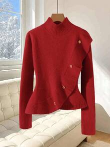 GlowEve Women's Solid Color Stand Collar Long Sleeve Ruffle Hem Fashionable Sweater, Autumn/Winter - Red - View 1
