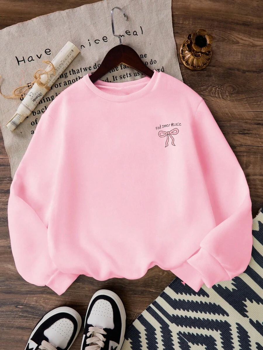 少女“寻找内心平静”蝴蝶印花圆领运动衫，可爱又休闲 - 粉色 - 查看 1