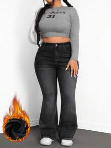 SHEIN CURVE+ Plus Size Casual Washed Slim Fit Flare Jeans - Black - View 6