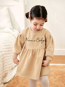 Cozy Pixies Robe à manches longues avec épaules tombantes, col rond, imprimé lettres et nœud, taille marquée, couleurs contrastées, pour bébé fille - Kaki - Voir 6