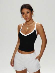 Dewbera 女式简约撞色饰边弹力短款运动背心，夏季 - 黑色 - 查看 6