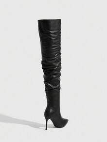 CUCCOO SZL 女式尖头褶皱设计黑色 PU 皮革细高跟过膝长靴，时尚舒适，适合日常、派对、活动 - 黑色 - 查看 4