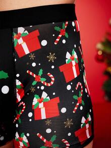 Cuecas boxer de comprimento médio para homens com estampa engraçada de Papai Noel, caixa de presente, bengala de doce, sinos, flocos de neve, boneco de neve e família em festa - Preto - Visão 5