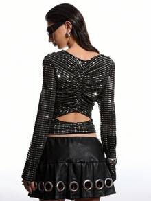 LYSMO 2025 Women's Cowl Neck Sequin Blouse,Black And Silver,Autumn,Seksi Chic,Night Club Elegant Sparkly Long Sleeve Fitted Top For Christmas New Year - Black - View 2