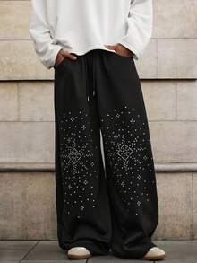 Manfinity Unisex Men's Casual Sweatpants With Rhinestone Decor, Elastic Waist, Suitable For Spring, Autumn And Winter - Black - View 1