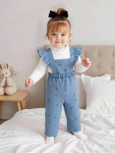 SHEIN 2pcs Infant Baby Girls Ruffled Collar Ribbed Long Sleeve White Turtleneck Bottoming Shirt And Floral Corduroy Jumpsuit Set, Elegant Casual Versatile, Autumn/Winter, Baby Girl Clothes Baby Girl Clothes,Autumn/Winter Baby Corduroy Set Vintage Baby Outfit, Baby Girl Overalls Set Baby Girl Small Florals Corduroy Overalls Baby Girls Fall