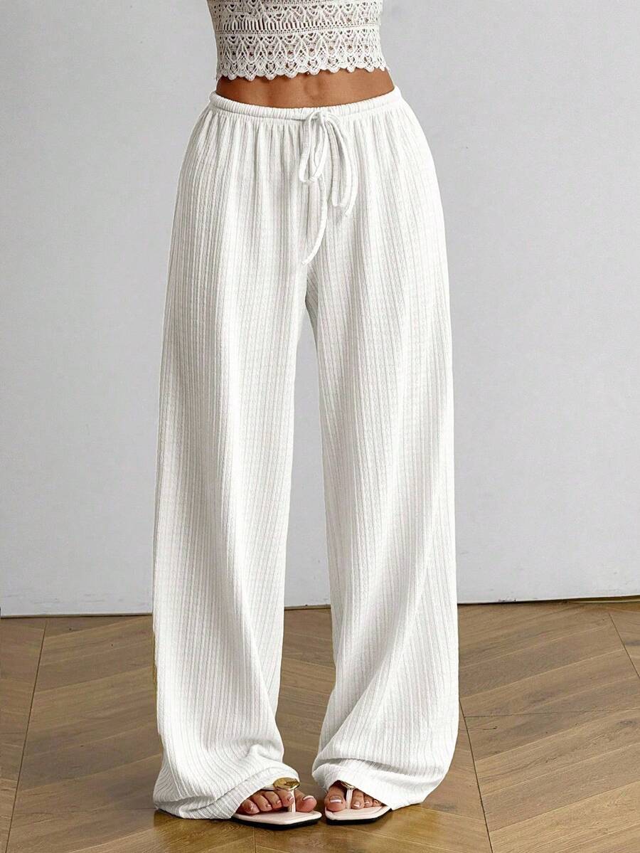 SHEIN 青少年女孩宽松休闲简约舒适中腰阔腿裤,百搭 - 米色 - 查看 1