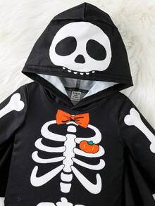 2 Stück/Set Baby Jungen süßes Skelett & Fledermaus Design Kapuzen-Bodysuit und Stulpen Set, bequem vielseitig modisch lässiger Outfit, geeignet für Halloween, Innen, Außen, Alltag, Sport, Spiel, Party, Fotografie, Herbst/Winter Totenkopf Baby Kleidung Halloween Baby Jungen Outfit Gruselig Baby Kleidung Baby Skelett Kostüm - Schwarz - Übersicht 5