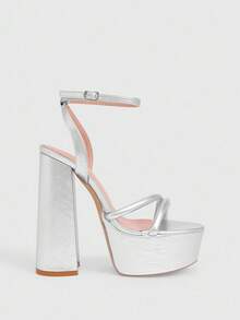 CUCCOO LuxiPop Giày sandal nữ đế cao, mũi tròn, chống thấm nước, chất liệu da PU màu bạc, kiểu dáng tối giản, thoải mái, thích hợp đi hàng ngày, dự tiệc, tiệc tùng, có khóa cài. - Bạc - Xem 3