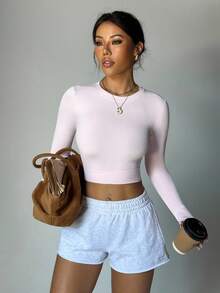 Dewbera Casual Versatile Solid Color Slim Fit Cropped Sports T-Shirt - Pink - View 1