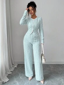 Elenzga 2 件套：时尚人字纹提花拼接优雅休闲圆领长袖 T 恤 + 直筒裤，适合返校季、春秋季 - 彩色 - 查看 6