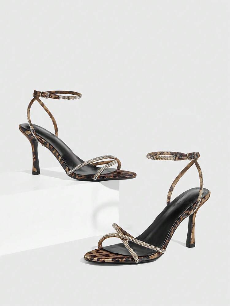 CUCCOO SZL レオパード柄 ラインストーン装飾 アンクルストラップ ファッショナブル セクシー グラマラス ナイトクラブスタイル ラウンドトゥ スティレットハイヒールサンダル レディース