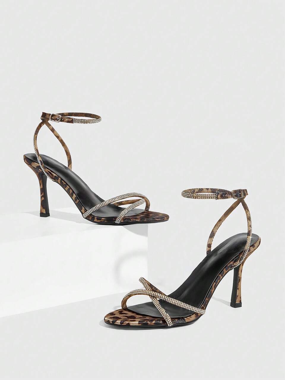 CUCCOO SZL Leopard Print Rhinestone Decor Strap Ankle Strap Fashionable Sexy Glamorous Nightclub Style Round Toe Stiletto High Heel Sandals For Women