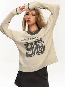 Rina Fox Women's Casual Commuting Fashion Street College Style Numeric, Letter & Star Pattern V-Neck Dropped Shoulder Loose Pullover Sweater, Autumn/Winter - White - View 5