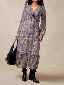 Juhart Abito lungo con maniche lunghe, vita stretta, orlo con volant, motivo floreale e paisley, per donne taglie forti, elegante e casual - Castano - Visualizzare 5