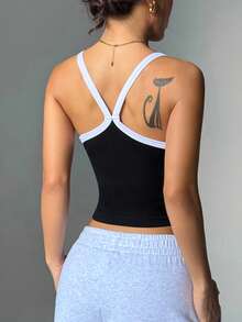 Dewbera 女式简约撞色饰边弹力短款运动背心，夏季 - 黑色 - 查看 2