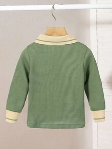 男婴长袖 Polo 衫，绿色纽扣半拉链套头衫休闲针织华夫格毛衣，春/秋 - 綠色 - 查看 2