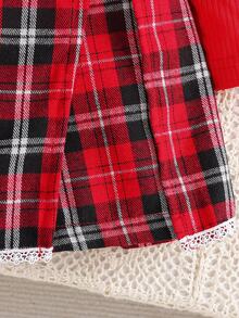 2 件年轻女孩长袖罗纹针织上衣 + 格子裙裤套装，复古韩式休闲优雅圆领 T 恤搭配 A 字裙裤，适合春秋季 - 紅色 - 查看 7