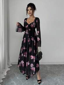 Elenzga 女士时尚优雅迷人玫瑰花卉印花甜心领扭纹前部不对称荷叶边下摆弹力网眼喇叭袖度假浪漫 A 字中长连衣裙秋季女装 - 彩色 - 查看 7