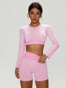 Dewbera Damen gestreifter Twist-Rücken Crop Top und Shorts Sportanzug