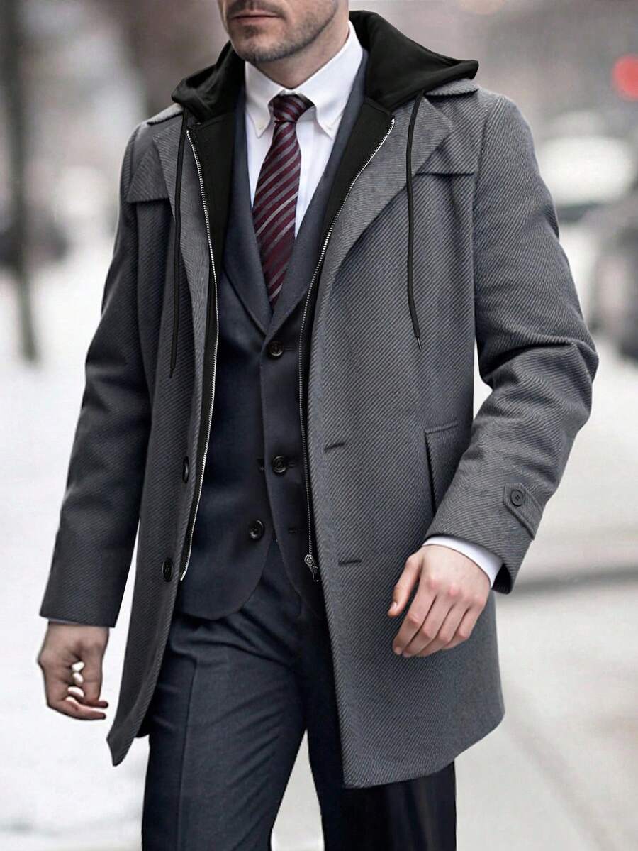 Manfinity Mode 男士长袖休闲通勤外套，秋冬外套，深灰色，优雅办公服饰 - 灰色 - 查看 1