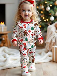 SHEIN 女婴圣诞节可爱卡通圣诞老人、姜饼人、雪人、圣诞树、铃铛、拐杖糖、雪花图案、圣诞红、休闲简约舒适厚实贴身长袖上衣和裤子家居服，适合秋冬季 - 彩色 - 查看 2