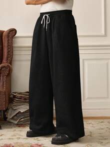 SWAVVY Men Casual Everyday Commute Simple Solid Color Drawstring Waist Loose Wide Leg Pants, Fall