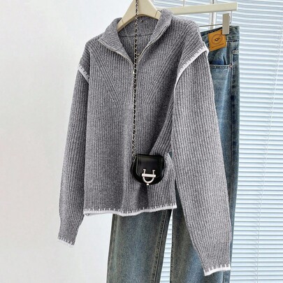 프렌치 캐주얼 휴가 홀리데이 미니멀리스트 다용도 데일리 캐주얼 홈 스쿨 스탠드 칼라 지퍼 하프 플래킷 긴소매 대비 색상 자카드 그레이 스탠드 칼라 피케 니트 멀티 게이지 니트 가을/겨울 여성 캐주얼 비즈니스 웨어 백 투 스쿨 여성 스웨터
