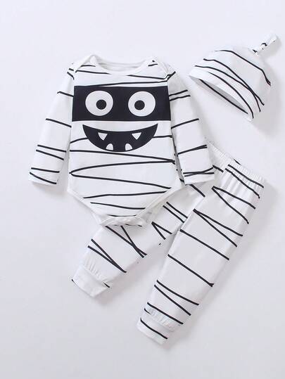 SHEIN Playful Pals 3件套圣诞男宝宝木乃伊服装套装 - 连体衣、裤子、帽子，适合圣诞装饰、派对、生日、拍照、日常穿着，春夏秋冬皆宜。黑白男宝宝套装，新生儿连体衣配长袖长裤，万圣节男宝宝服装，卡通宝宝服装，男女宝宝通用套装。