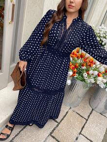 SHEIN LUNE Đầm ren cổ tròn tay loe chấm bi thanh lịch cỡ lớn dành cho nữ, phù hợp cho mùa xuân và mùa thu - Màu xanh hải quân - Xem 1