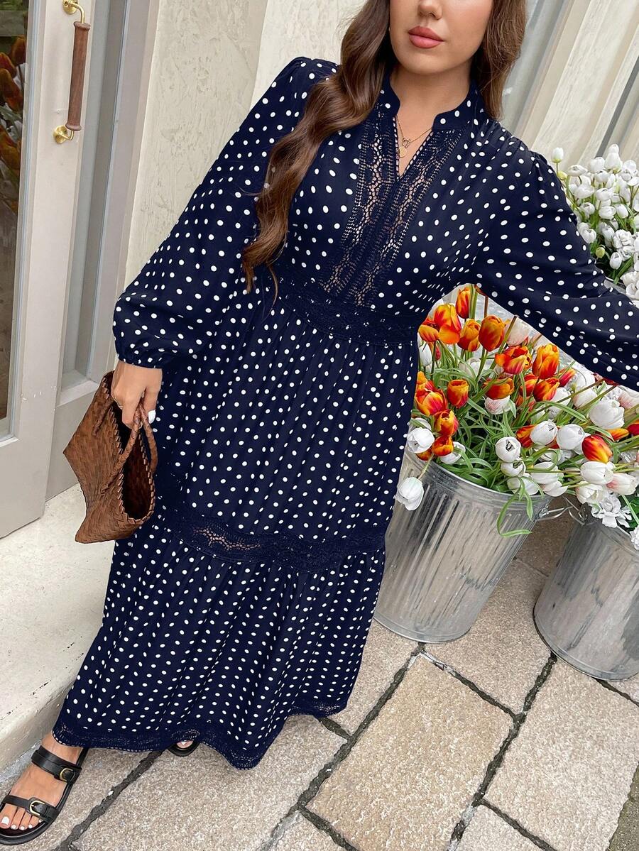 SHEIN LUNE Đầm ren cổ tròn tay loe chấm bi thanh lịch cỡ lớn dành cho nữ, phù hợp cho mùa xuân và mùa thu - Màu xanh hải quân - Xem 1