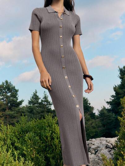 Nöista This Brown Button-Down Rib Dress Is A Must-Have For Fall Women Clothes. Perfect For Back To School, Office, Or Business Casual Woman, Its Classic Silhouette And Versatile Style Make It Ideal For Autumn Outfits Or Work Clothes Women Who Want Comfort And Sophistication In Every Season.