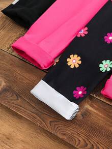 Young Girl 3pcs/Set Floral Print+Black+Pink Pants,Matching Sister Set,Autumn/Winter Base Layer Bottom,Brown Polka,Summer,Back-To-School Casual Pants - Multicolor - View 5