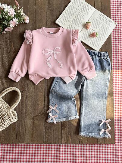 SHEIN 2pcs Baby Girls' Sweet Pink Butterfly Embroidery Crew Neck Long Sleeve Sweatshirt And Denim Pants Set, Decorated With Pink Ribbon Bow, Suitable For Outings, Dates, Casual, School, Party And More Baby Girl Jeans Set Bow Baby Girl Outfit Baby Girl Clothes Toddler Girl Tops Sets Baby Girl Outfits With Bows Toddler Girl Clothes Set Baby Girl Flared Jeans Set Fall Winter